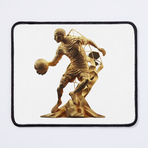 Item preview, epic detailed golden soccer player statue with ball, with dramatic sacred geometry lighting designed and sold by Makisat.