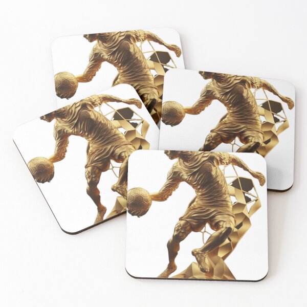 Item preview, epic detailed golden soccer player statue with ball, with dramatic sacred geometry lighting designed and sold by Makisat.