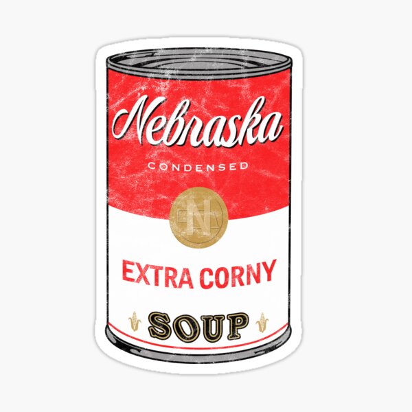 "Nebraska Soup Can Extra Corny in vintage design!" Sticker for Sale by