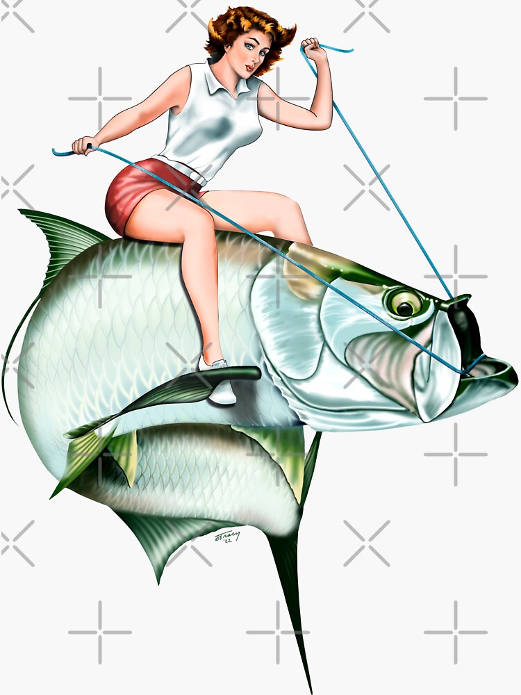 Tarpon Rider pinup girl riding a tarpon Sticker for Sale by Mary