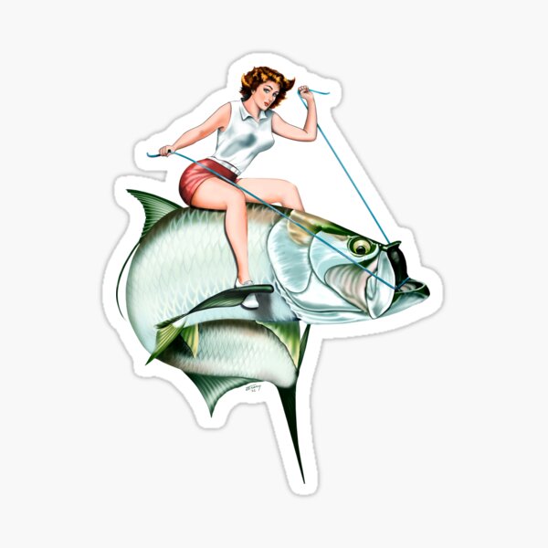 Tarpon Rider pinup girl riding a tarpon Sticker for Sale by Mary Tracy