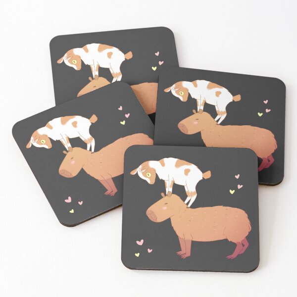 Item preview, capybara with a baby goat friend standing on its head - a cute cartoon capybara chilling designed and sold by Yarafantasyart.