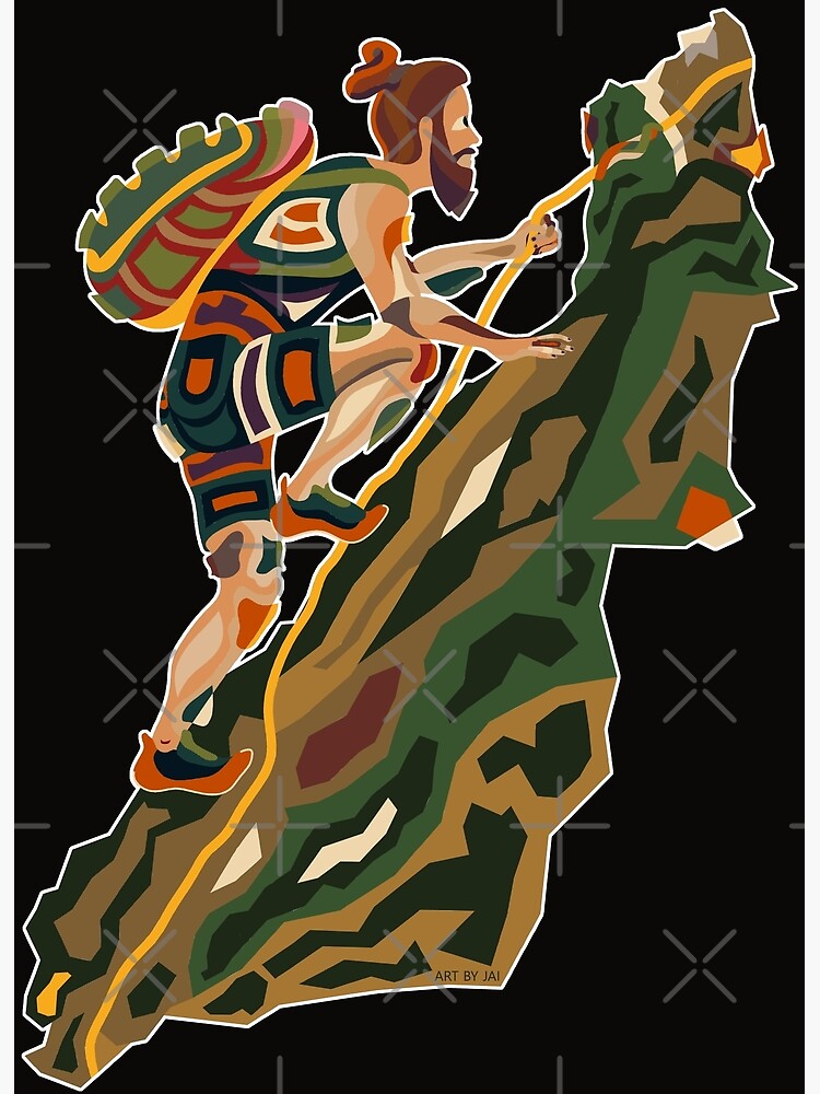 "A MAN CLIMBING ON A STEEP ROCKY MOUNTAIN USING A CLIMBING ROPE" Poster