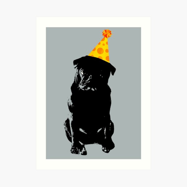 "Black Pug Dog in Party Hat Design in Grey Pug Dog Pet Pop Art
