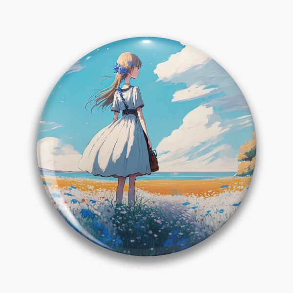 Item preview, Anime girl wearing a white dress standing the field of Nemophila flowers designed and sold by justinasv775.
