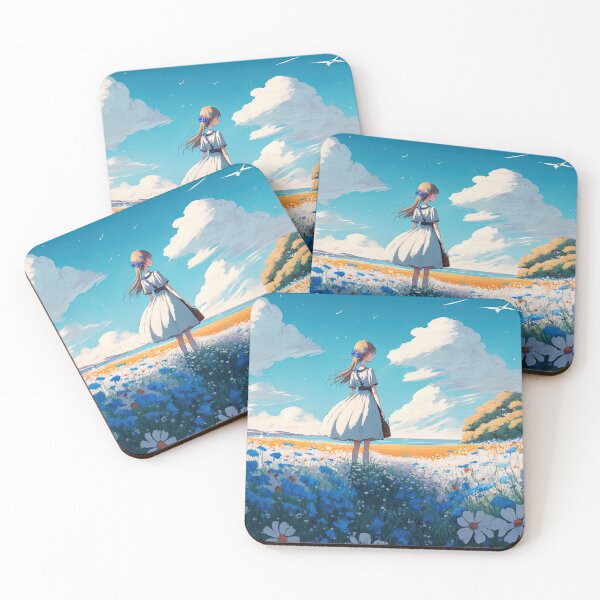 Item preview, Anime girl wearing a white dress standing the field of Nemophila flowers designed and sold by justinasv775.