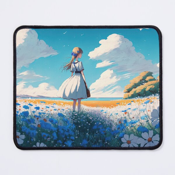Item preview, Anime girl wearing a white dress standing the field of Nemophila flowers designed and sold by justinasv775.