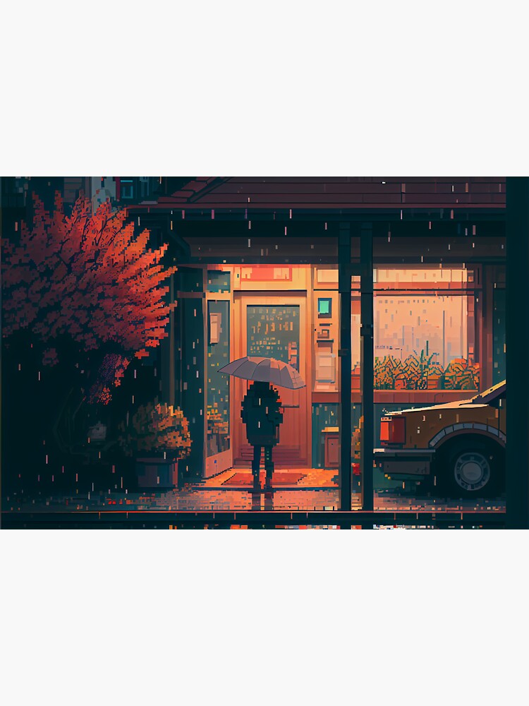 Beautiful pixel art of a cyberpunk coffeeshop in the rain