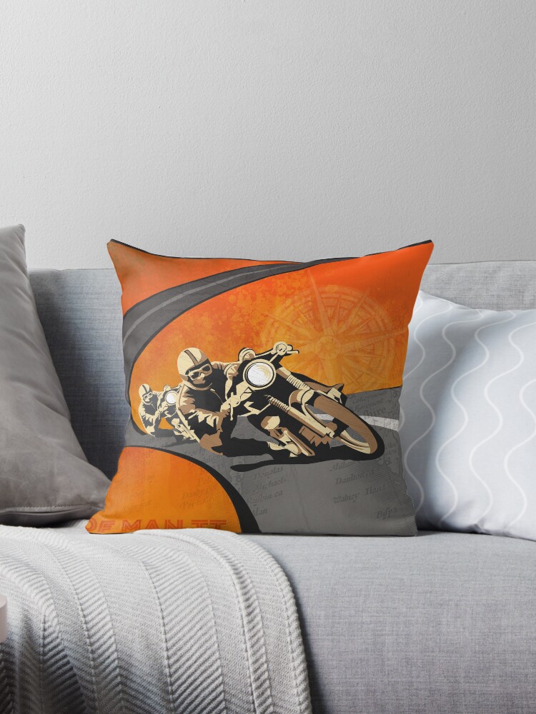 Thumbnail 1 of 3, Throw Pillow, retro motorcycle Isle of Man TT poster designed and sold by SFDesignstudio.