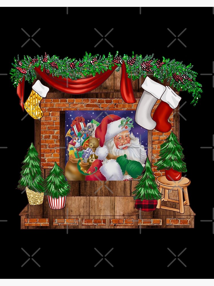 Santa Claus in the Fireplace Mantel Christmas Stockings Art Board