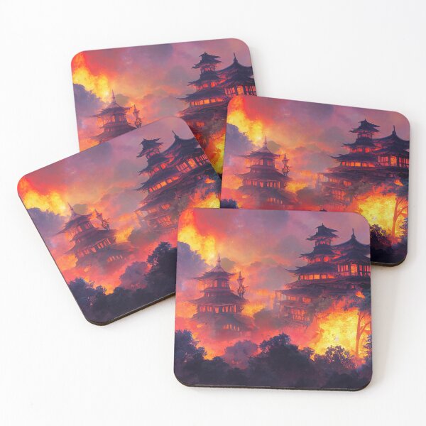 Item preview, Apocalyptic Japanese Temple Burning at Night -  4K Wallpaper Landscape of Volcano Lava Fire and Flames, Pyro designed and sold by Fregoulix.