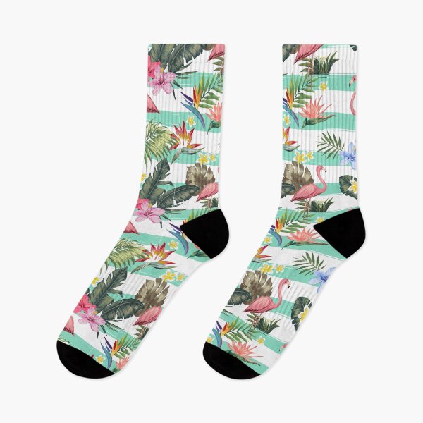 Aperçu de l'œuvre Flamants Roses Fleurs D'hibiscus créée et vendue par 8justart socks and more.