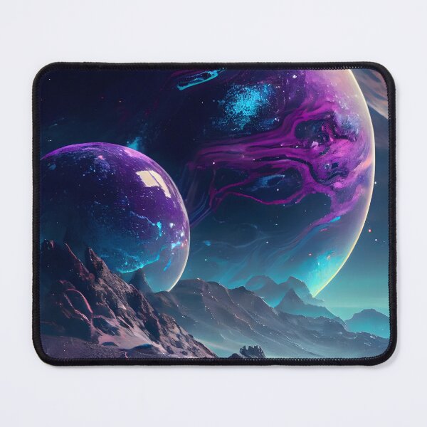 Item preview, Night Sky View of Purple Planets and Aqua Clouds Sci Fi Fantasy Mountains designed and sold by IntoTheCosmos.