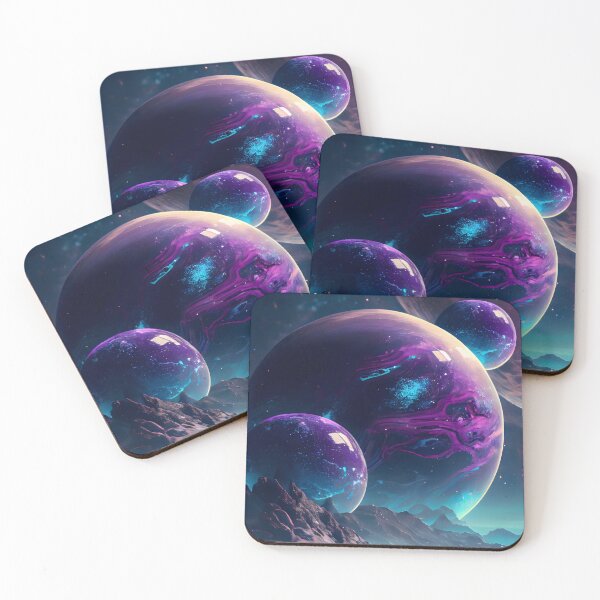 Item preview, Night Sky View of Purple Planets and Aqua Clouds Sci Fi Fantasy Mountains designed and sold by IntoTheCosmos.