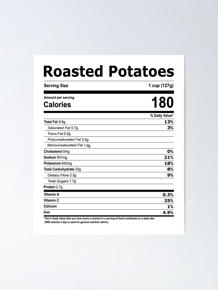 "Roasted Potatoes Nutrition Facts Label" Poster for Sale by