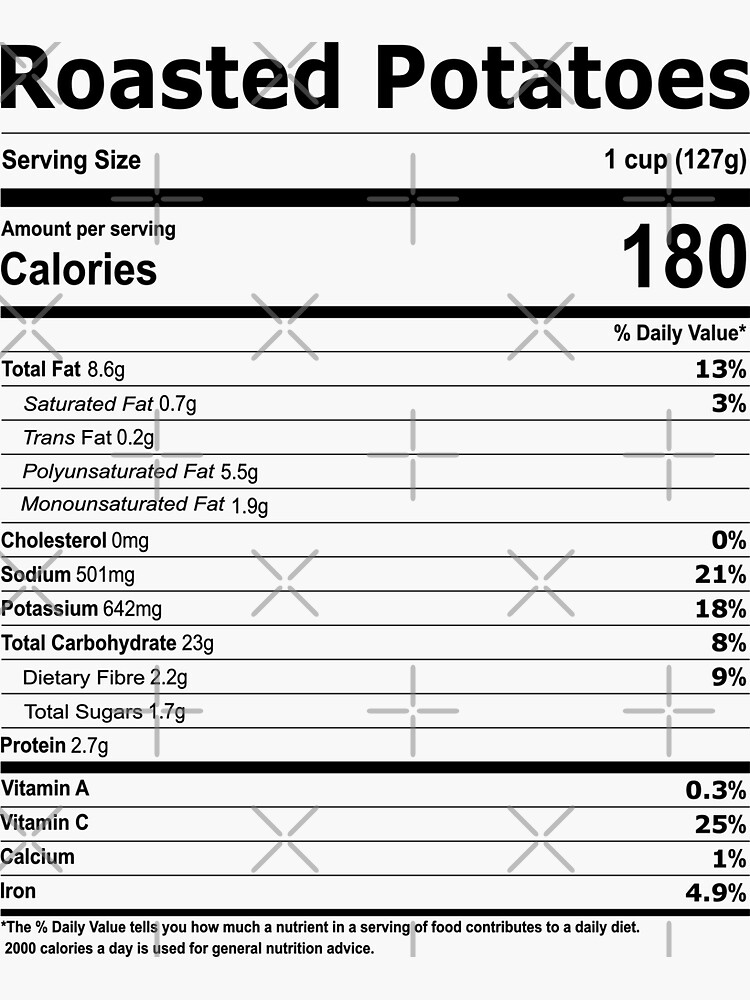 "Roasted Potatoes Nutrition Facts Label" Sticker for Sale by