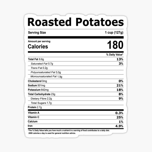 "Roasted Potatoes Nutrition Facts Label" Sticker for Sale by
