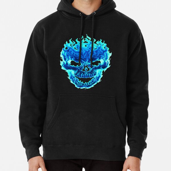 Flaming Blue Skull With Glowing Eyes In Dark Atmosphere skull Pullover Hoodie