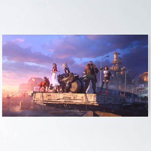 Vista previa del artículo con la obra «Cloud, Aerith, Tifa, Barret, Red XIII - Adelante en nuestro camino [Remake]», diseñado y vendido por GlitchBob452.
