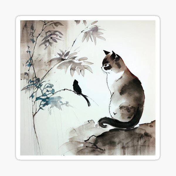 Traditional sumi ink painting of a cat and bird | Poster