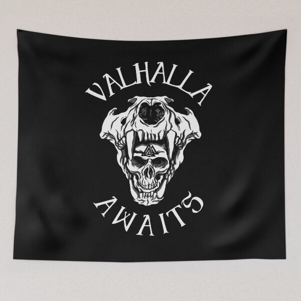 Item preview, Valhalla Awaits - Black and White Viking Wolfs Skull designed and sold by Georgy09.
