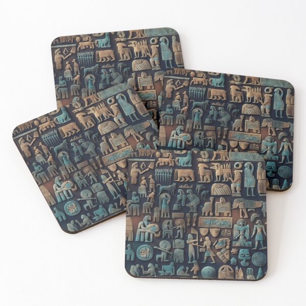 Item preview, Ancient Sumerian pictographs of olden rituals and creatures a blue and yellow pattern designed and sold by ArtifactVault.