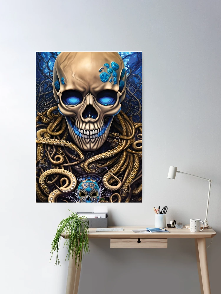 Blue and Gold Skull | Skull and Tentacles Artwork | Armored Skull |  Dystopian Skull | Warrior Skull | Poster