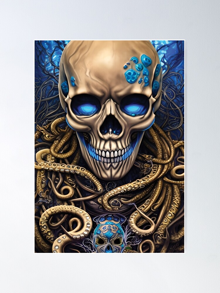 Blue and Gold Skull | Skull and Tentacles Artwork | Armored Skull |  Dystopian Skull | Warrior Skull | Poster