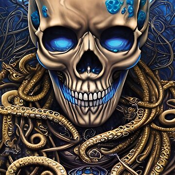 Blue and Gold Skull | Skull and Tentacles Artwork | Armored Skull |  Dystopian Skull | Warrior Skull | Poster