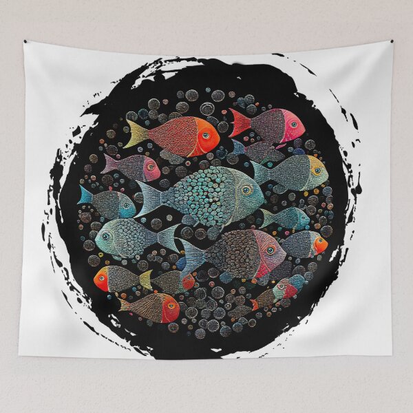 Item preview, Seamless Fresco Pattern of Black Sea Fish on a Black and White Background designed and sold by Rocky Mountain Artistry.