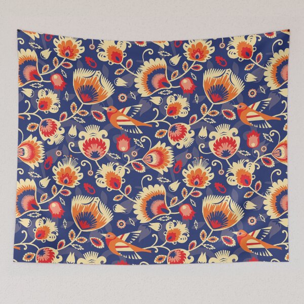 Item preview, Yellow and orange folklore flowers on blue designed and sold by FK-UK.