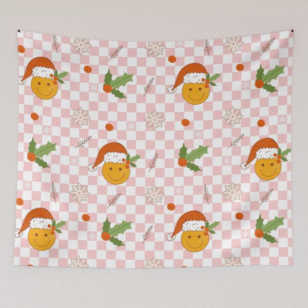 Item preview, Retro vintage Christmas pattern with smile face, holly, snowflake, spruce on trippy grid background. designed and sold by CoCoArt-Ua.