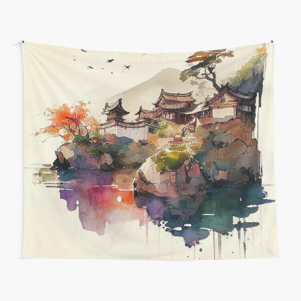 🥇 Wallpaper or mural japanese landscape drawing with temple in watercolor  🥇