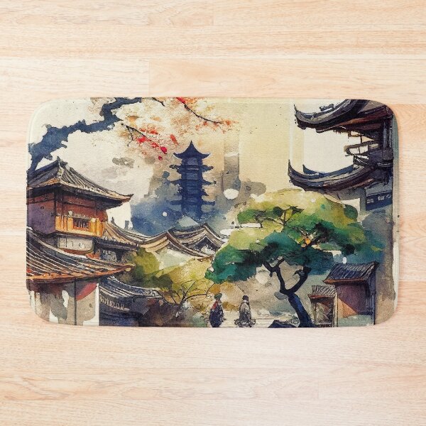 Item preview, Historic Japan temple in fress nature landscape in loose watercolor brush style designed and sold by aricutcia.
