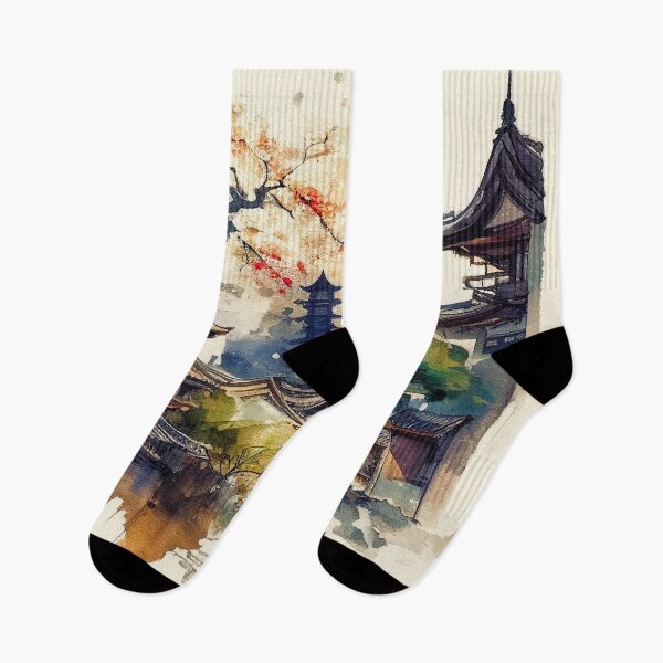 Item preview, Historic Japan temple in fress nature landscape in loose watercolor brush style designed and sold by aricutcia.