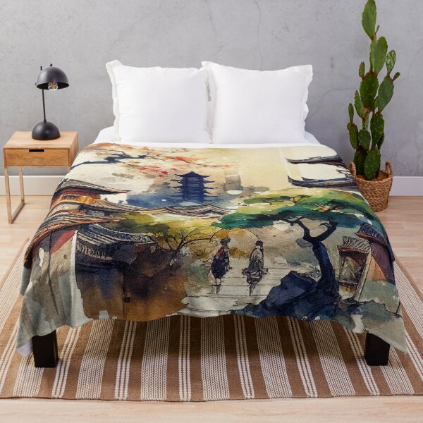 Item preview, Historic Japan temple in fress nature landscape in loose watercolor brush style designed and sold by aricutcia.