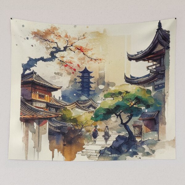 Item preview, Historic Japan temple in fress nature landscape in loose watercolor brush style designed and sold by aricutcia.