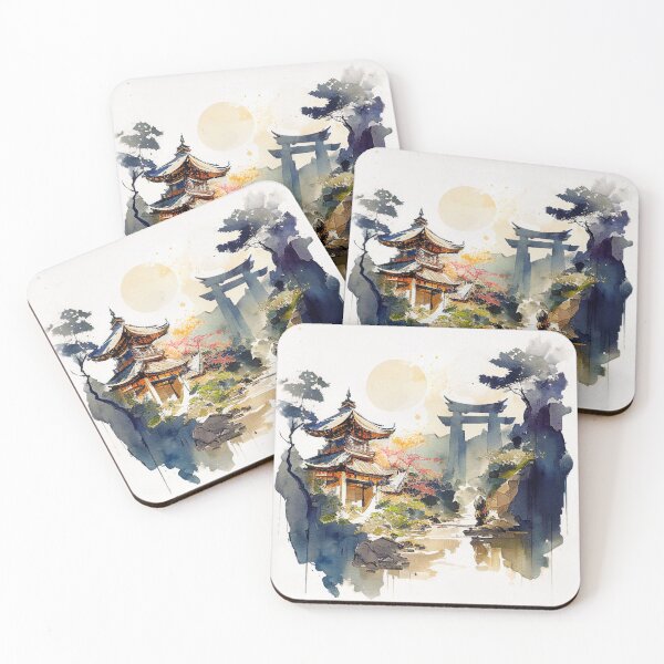 Item preview, Japan landscape of temple with mountains and river in loose expressive watercolor designed and sold by aricutcia.