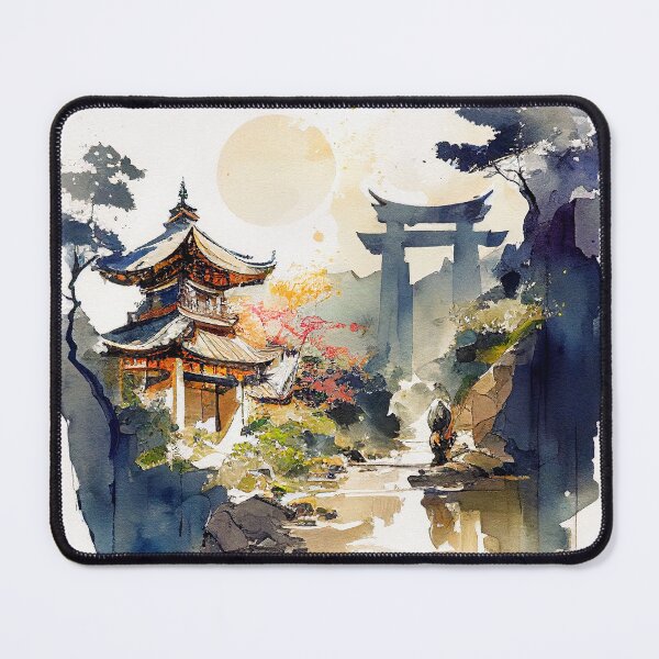 Item preview, Japan landscape of temple with mountains and river in loose expressive watercolor designed and sold by aricutcia.
