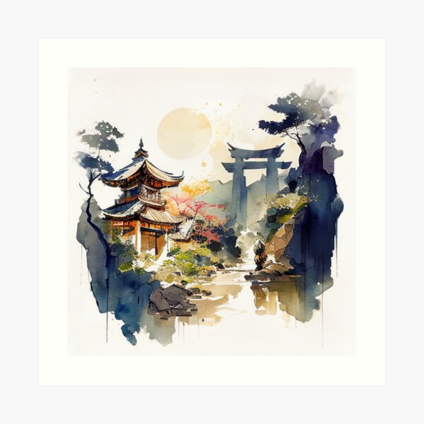 Japanese Garden Original Watercolor and Ink Landscape Painting Urban  Sketching Architecture Flowering Trees Pagoda Small Format Art 