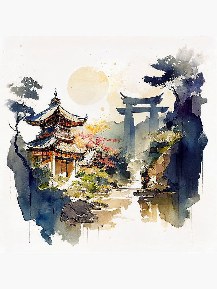 Poster Japan Traditional japanese painting Sumi-e art Sun Lake River Hill  Temple Mountain 