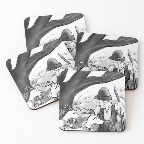 Item preview, Folktale week - Shepherd Boy and Goats under a Tree in the Swiss Alps (black and white) designed and sold by Lemady.