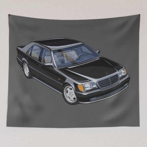 Item preview, German sedan Illustration Artwork S 500 Mercedes W140 Black youngtimer classic  designed and sold by SketchNinja.