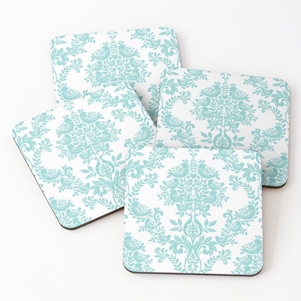 Item preview, Turquoise blue folk bird damask print designed and sold by Cheekyleopard.