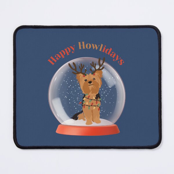 Item preview, Happy Howlidays with Yorkshire Terrier Dog with Reindeer Ear and Christmas Lights in Snow Glass Ball designed and sold by SeasonalDogs.