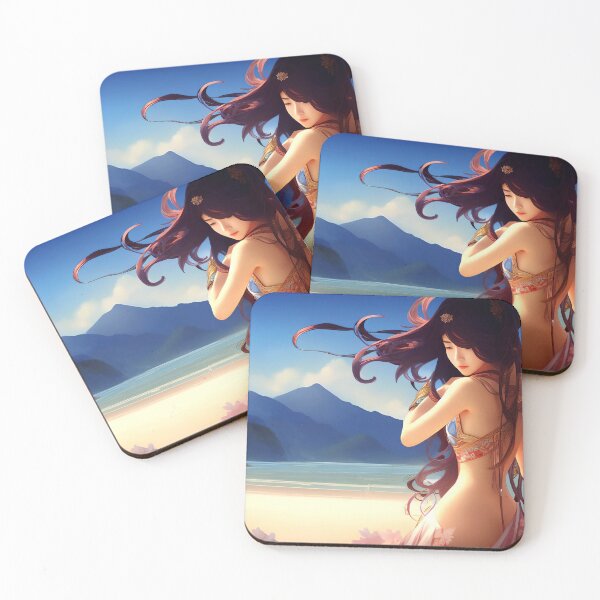 Item preview, Charming beautiful elegant Japanese girls gorgeous kimono, day at the beach, tropical sea, sand  designed and sold by Dmitri Matkovsky.