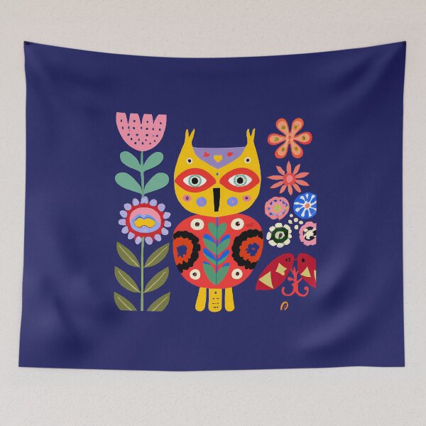 Item preview, Original artwork - Mid Century Modern Style Owl and Flowers in Swedish Folk Art Style designed and sold by RoyalRepublics.