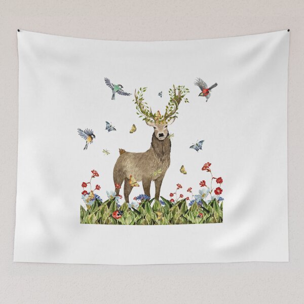 Item preview, Grass flower deer insect bird lianas watercolor designed and sold by Yana Mustafina | Boho Soulful Designs.