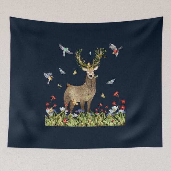 Item preview, Grass flower deer insect bird lianas watercolor blue designed and sold by Yana Mustafina | Boho Soulful Designs.