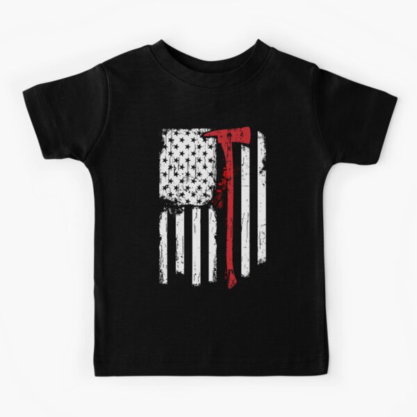 Firefighter Red Line American Flag with Fireman Ax Kids T-Shirt